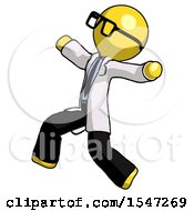 Poster, Art Print Of Yellow Doctor Scientist Man Running Away In Hysterical Panic Direction Left