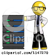 Poster, Art Print Of Yellow Doctor Scientist Man With Server Rack Leaning Confidently Against It