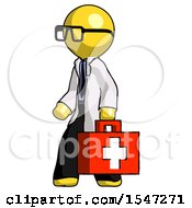 Yellow Doctor Scientist Man Walking With Medical Aid Briefcase To Left