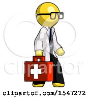 Yellow Doctor Scientist Man Walking With Medical Aid Briefcase To Right