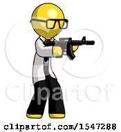 Poster, Art Print Of Yellow Doctor Scientist Man Shooting Automatic Assault Weapon