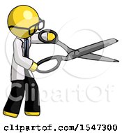 Yellow Doctor Scientist Man Holding Giant Scissors Cutting Out Something