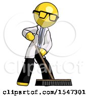 Poster, Art Print Of Yellow Doctor Scientist Man Cleaning Services Janitor Sweeping Floor With Push Broom