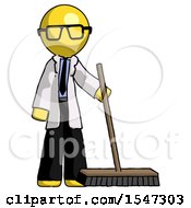 Yellow Doctor Scientist Man Standing With Industrial Broom