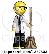 Yellow Doctor Scientist Man Standing With Broom Cleaning Services