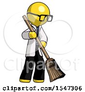 Poster, Art Print Of Yellow Doctor Scientist Man Sweeping Area With Broom