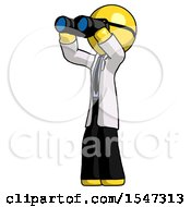 Poster, Art Print Of Yellow Doctor Scientist Man Looking Through Binoculars To The Left
