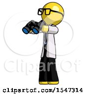 Yellow Doctor Scientist Man Holding Binoculars Ready To Look Left