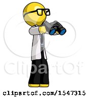 Poster, Art Print Of Yellow Doctor Scientist Man Holding Binoculars Ready To Look Right
