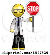 Poster, Art Print Of Yellow Doctor Scientist Man Holding Stop Sign