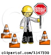 Poster, Art Print Of Yellow Doctor Scientist Man Holding Stop Sign By Traffic Cones Under Construction Concept