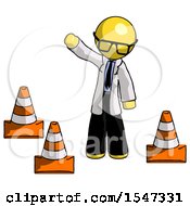 Poster, Art Print Of Yellow Doctor Scientist Man Standing By Traffic Cones Waving