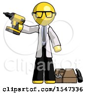 Poster, Art Print Of Yellow Doctor Scientist Man Holding Drill Ready To Work Toolchest And Tools To Right