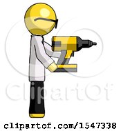 Poster, Art Print Of Yellow Doctor Scientist Man Using Drill Drilling Something On Right Side