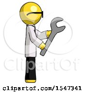 Poster, Art Print Of Yellow Doctor Scientist Man Using Wrench Adjusting Something To Right