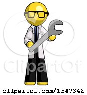 Poster, Art Print Of Yellow Doctor Scientist Man Holding Large Wrench With Both Hands