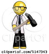 Poster, Art Print Of Yellow Doctor Scientist Man Holding Hammer Ready To Work