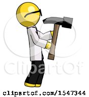 Poster, Art Print Of Yellow Doctor Scientist Man Hammering Something On The Right