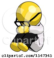 Yellow Doctor Scientist Man Sitting With Head Down Facing Angle Left