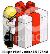 Yellow Doctor Scientist Man Leaning On Gift With Red Bow Angle View