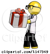 Yellow Doctor Scientist Man Presenting A Present With Large Red Bow On It