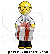 Yellow Doctor Scientist Man Gifting Present With Large Bow Front View
