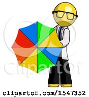 Poster, Art Print Of Yellow Doctor Scientist Man Holding Rainbow Umbrella Out To Viewer