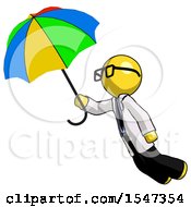 Yellow Doctor Scientist Man Flying With Rainbow Colored Umbrella