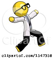 Poster, Art Print Of Yellow Doctor Scientist Man Running Away In Hysterical Panic Direction Right