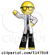 Yellow Doctor Scientist Man Waving Right Arm With Hand On Hip