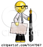 Poster, Art Print Of Yellow Doctor Scientist Man Holding Large Envelope And Calligraphy Pen