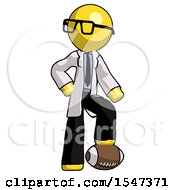 Poster, Art Print Of Yellow Doctor Scientist Man Standing With Foot On Football
