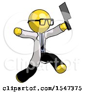 Poster, Art Print Of Yellow Doctor Scientist Man Psycho Running With Meat Cleaver