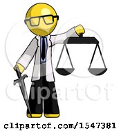 Poster, Art Print Of Yellow Doctor Scientist Man Justice Concept With Scales And Sword Justicia Derived