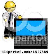 Yellow Doctor Scientist Man Beside Large Laptop Computer Leaning Against It