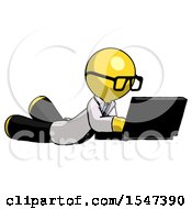 Poster, Art Print Of Yellow Doctor Scientist Man Using Laptop Computer While Lying On Floor Side Angled View