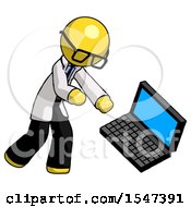 Yellow Doctor Scientist Man Throwing Laptop Computer In Frustration