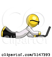 Poster, Art Print Of Yellow Doctor Scientist Man Using Laptop Computer While Lying On Floor Side View