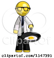 Yellow Doctor Scientist Man Frying Egg In Pan Or Wok