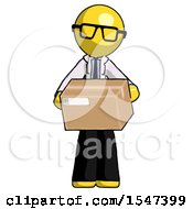 Poster, Art Print Of Yellow Doctor Scientist Man Holding Box Sent Or Arriving In Mail