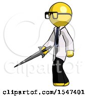 Poster, Art Print Of Yellow Doctor Scientist Man With Sword Walking Confidently