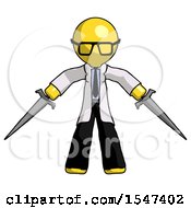 Poster, Art Print Of Yellow Doctor Scientist Man Two Sword Defense Pose