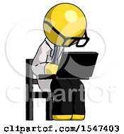 Poster, Art Print Of Yellow Doctor Scientist Man Using Laptop Computer While Sitting In Chair Angled Right