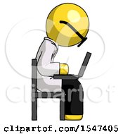 Poster, Art Print Of Yellow Doctor Scientist Man Using Laptop Computer While Sitting In Chair View From Side