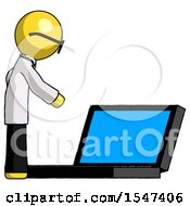 Poster, Art Print Of Yellow Doctor Scientist Man Using Large Laptop Computer Side Orthographic View