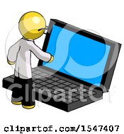 Poster, Art Print Of Yellow Doctor Scientist Man Using Large Laptop Computer