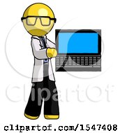 Poster, Art Print Of Yellow Doctor Scientist Man Holding Laptop Computer Presenting Something On Screen