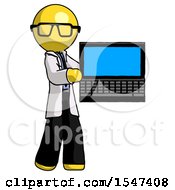 Yellow Doctor Scientist Man Holding Laptop Computer Presenting Something On Screen