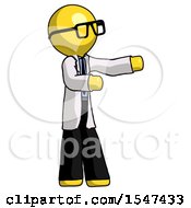 Yellow Doctor Scientist Man Presenting Something To His Left