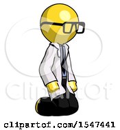Yellow Doctor Scientist Man Kneeling Angle View Right